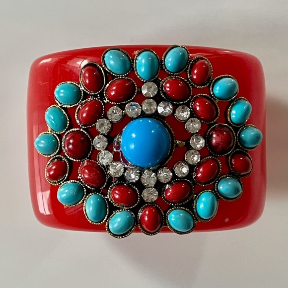 Vintage Iris Appel Estate Thick Bangle Bracelet Cuff Stone & Rhinestone Accents - Picture 3 of 6